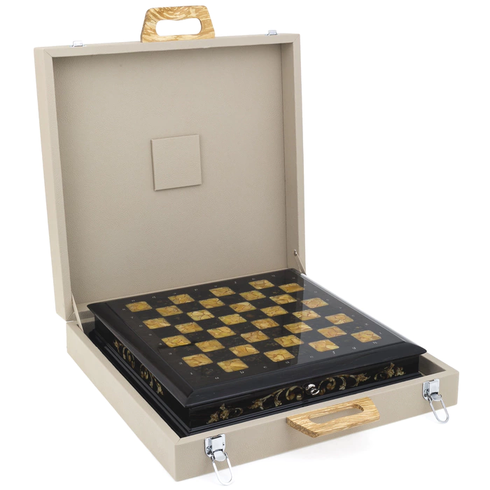 Chess chest made of stained oak and amber
