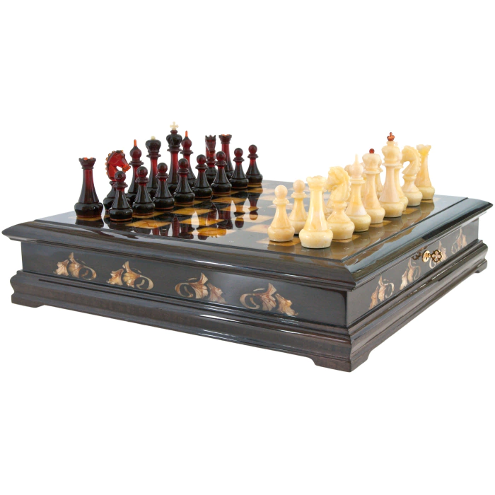 Chess chest made of stained oak and amber