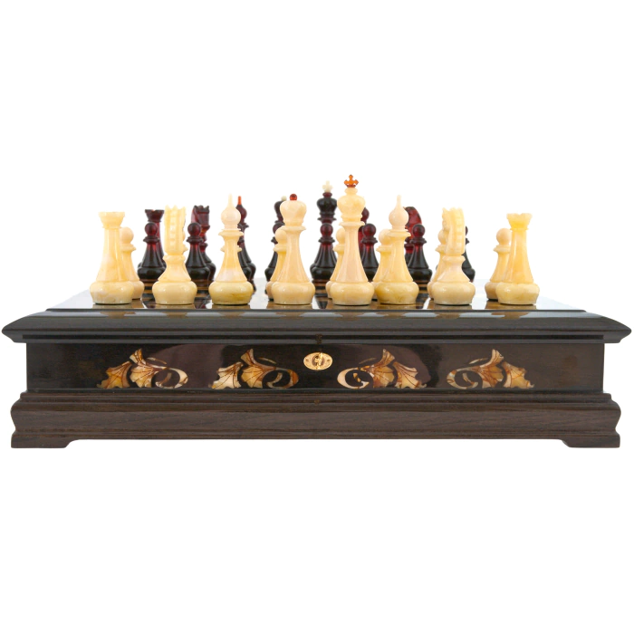 Chess chest made of stained oak and amber