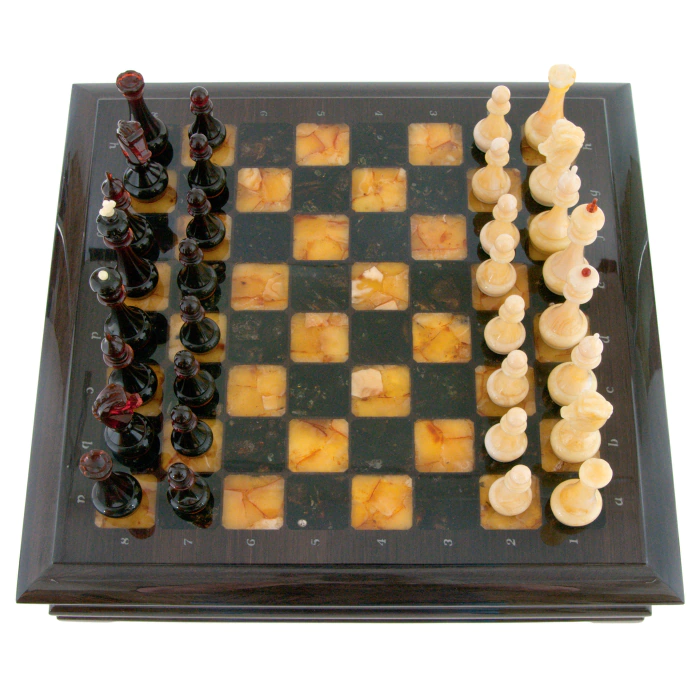 Chess chest made of stained oak and amber