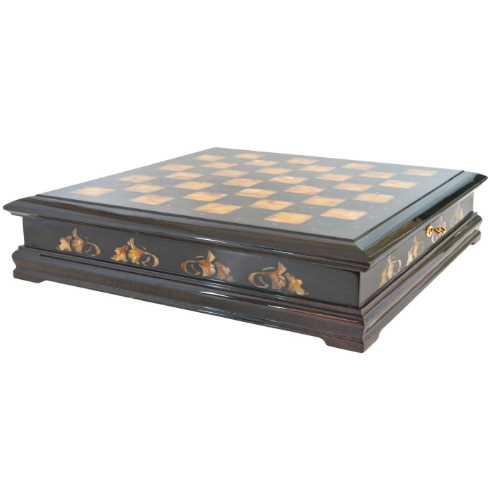 Chess chest made of stained oak and amber