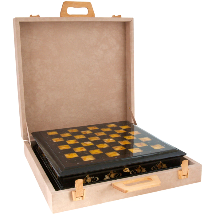 Chess chest made of stained oak and amber