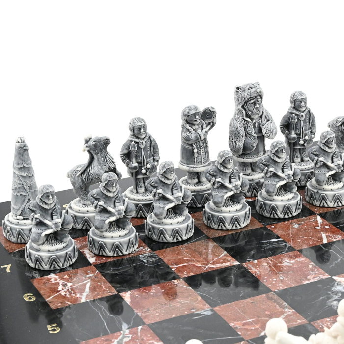 Chess made of crenoid and dolerite "Northern peoples" with pieces made of marble
