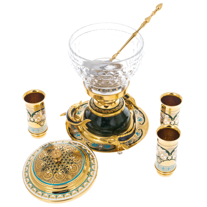 Caviar bowl on jade "Three sturgeons" with stacks, Zlatoust