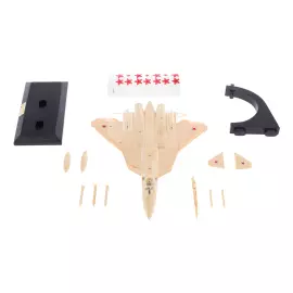 A composite model of the SU-57 mammoth tusk aircraft on a stand