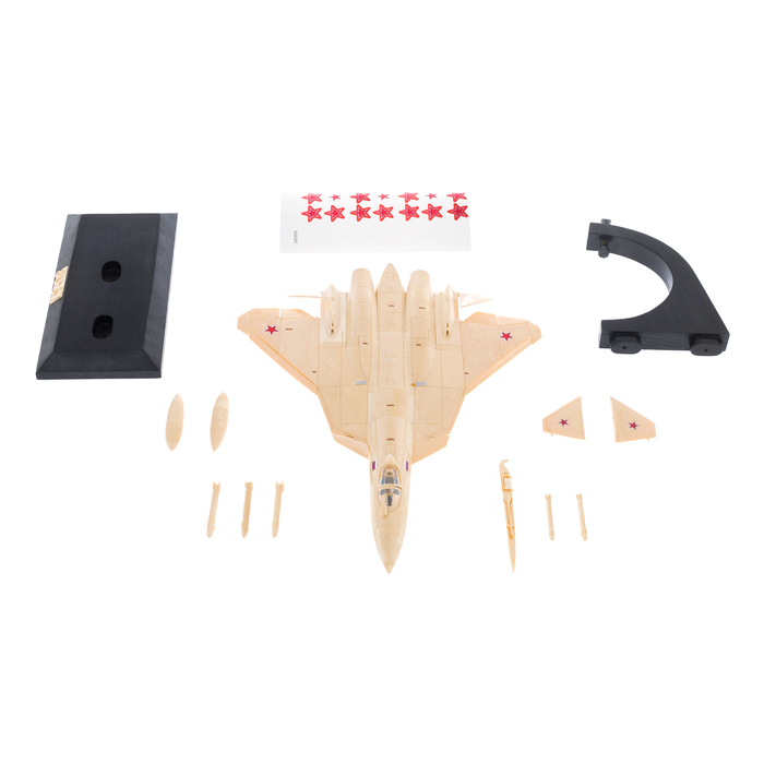 A composite model of the SU-57 mammoth tusk aircraft on a stand
