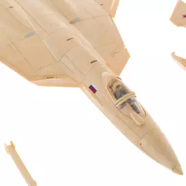 A composite model of the SU-57 mammoth tusk aircraft on a stand