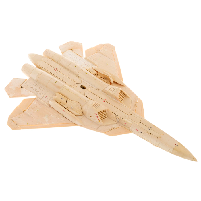 A composite model of the SU-57 mammoth tusk aircraft on a stand