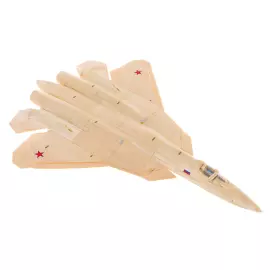 A composite model of the SU-57 mammoth tusk aircraft on a stand