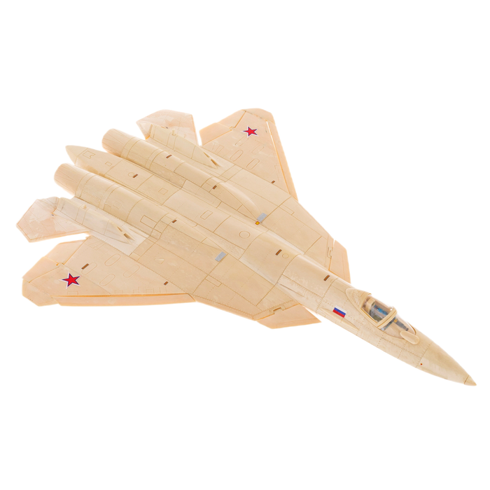 A composite model of the SU-57 mammoth tusk aircraft on a stand