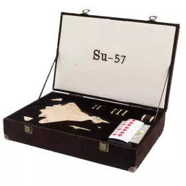 A composite model of the SU-57 mammoth tusk aircraft on a stand