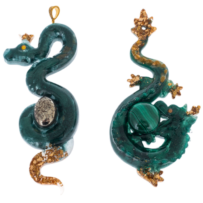 Set of Christmas tree toys made of jewelry resin "Stories - Dragon and Snake" with malachite and pyrite