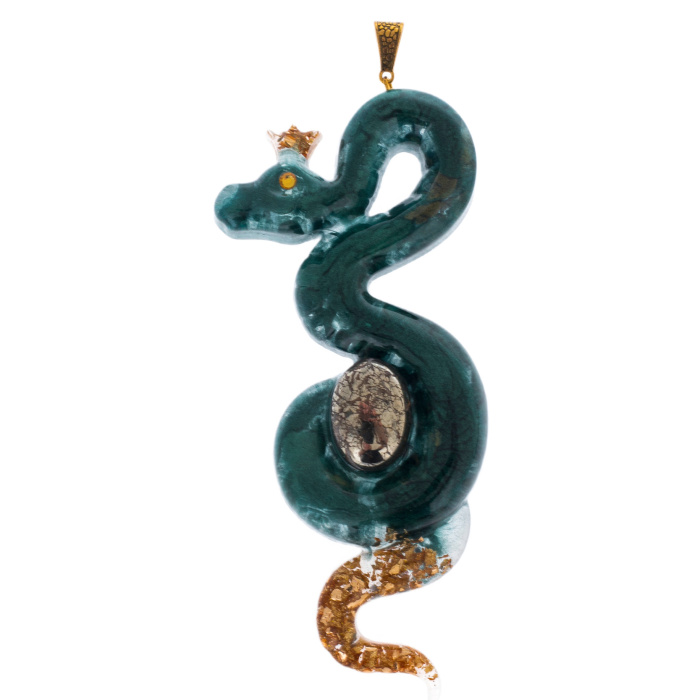 Set of Christmas tree toys made of jewelry resin "Stories - Dragon and Snake" with malachite and pyrite