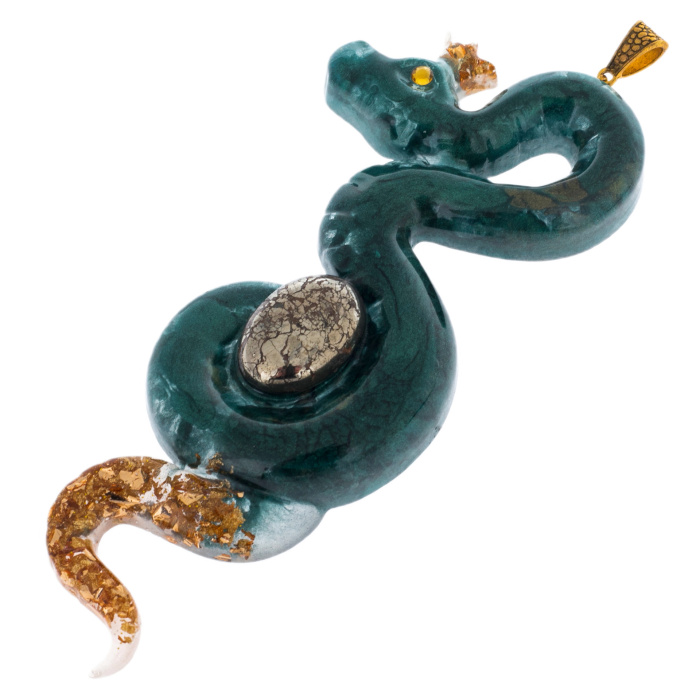 Set of Christmas tree toys made of jewelry resin "Stories - Dragon and Snake" with malachite and pyrite