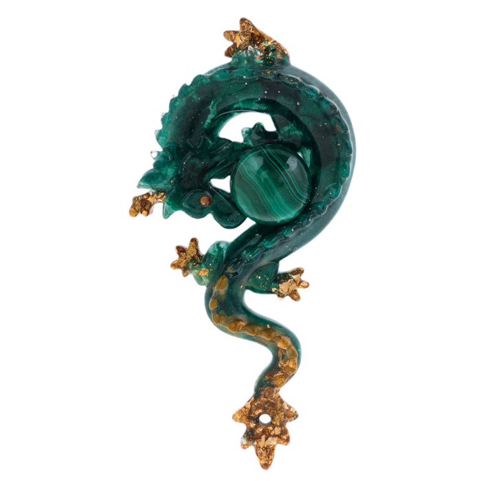 Set of Christmas tree toys made of jewelry resin "Stories - Dragon and Snake" with malachite and pyrite