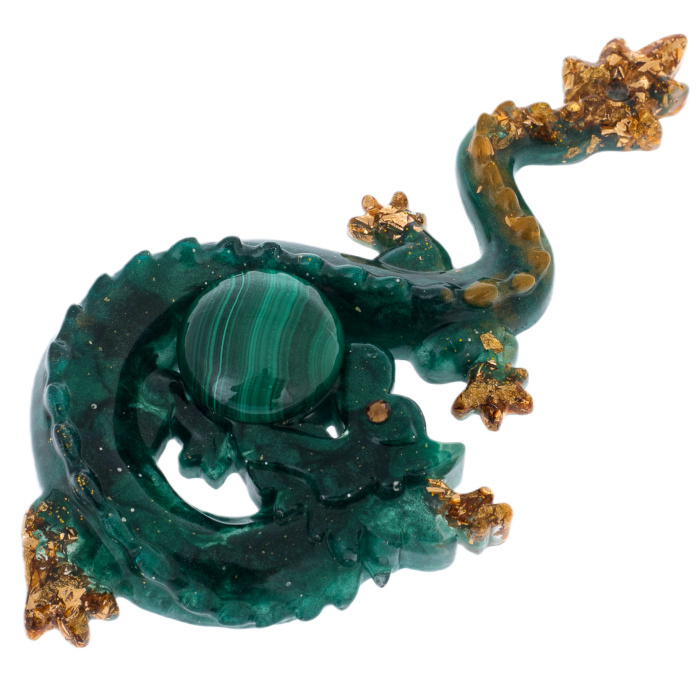 Set of Christmas tree toys made of jewelry resin "Stories - Dragon and Snake" with malachite and pyrite