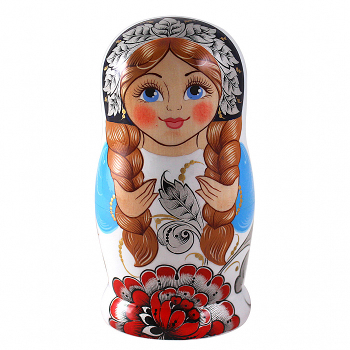 Linden matryoshka "Contrast" for 5 people, Khokhloma