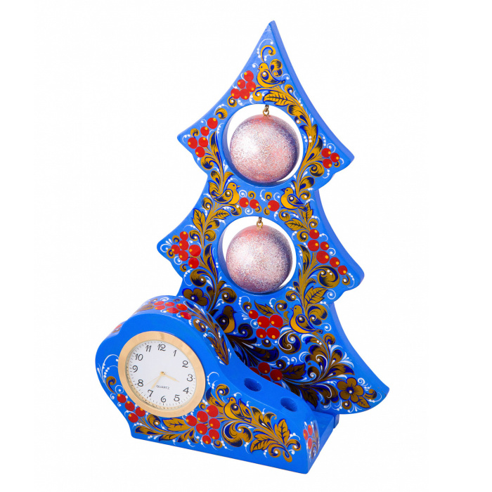 Khokhloma's Christmas Tree table clock, blue