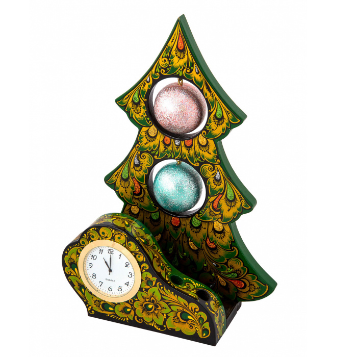 Table clock "Christmas tree" Khokhloma, green