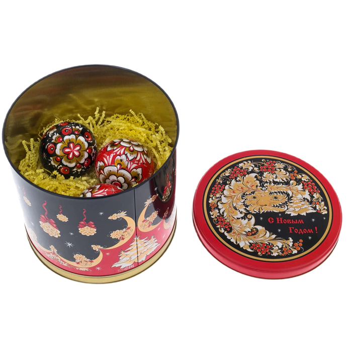 New Year's set of Christmas toys in a music box, Khokhloma