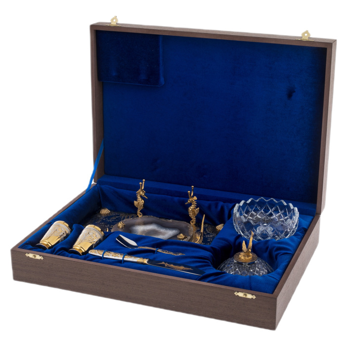 Caviar bowl with a vase "Catch" with stacks, for 2 persons, Zlatoust
