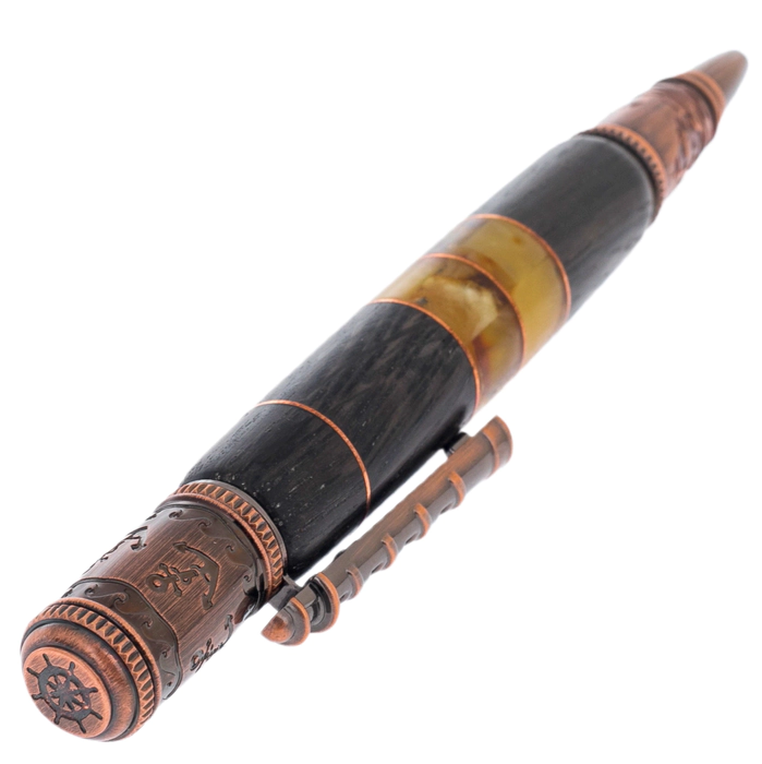 Ballpoint pen made of Karelian birch and amber "Marine" in a case, grey