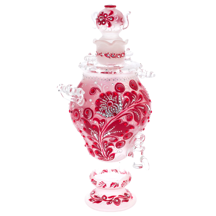Royal Ruby glass honeydew samovar with Swarovski crystals, Khokhloma