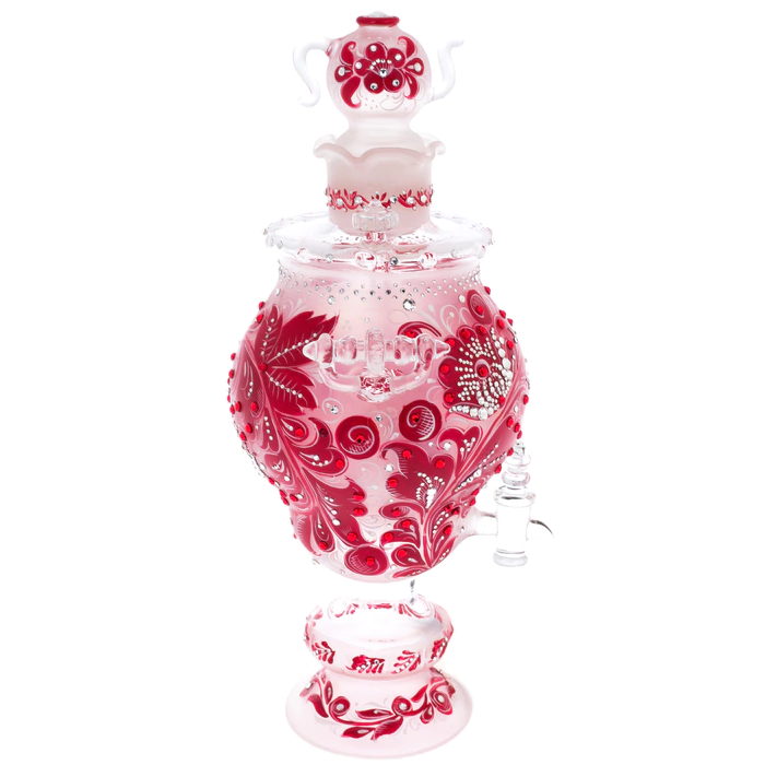 Royal Ruby glass honeydew samovar with Swarovski crystals, Khokhloma