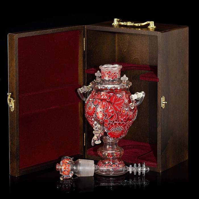 Royal Ruby glass honeydew samovar with Swarovski crystals, Khokhloma