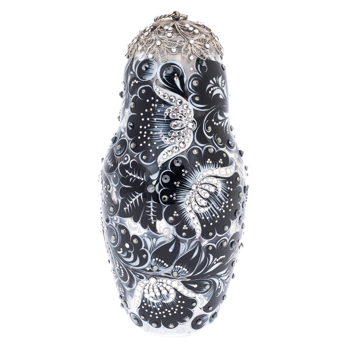 Nesting doll made of glass "Black amber" with Swarovski crystals, Khokhloma