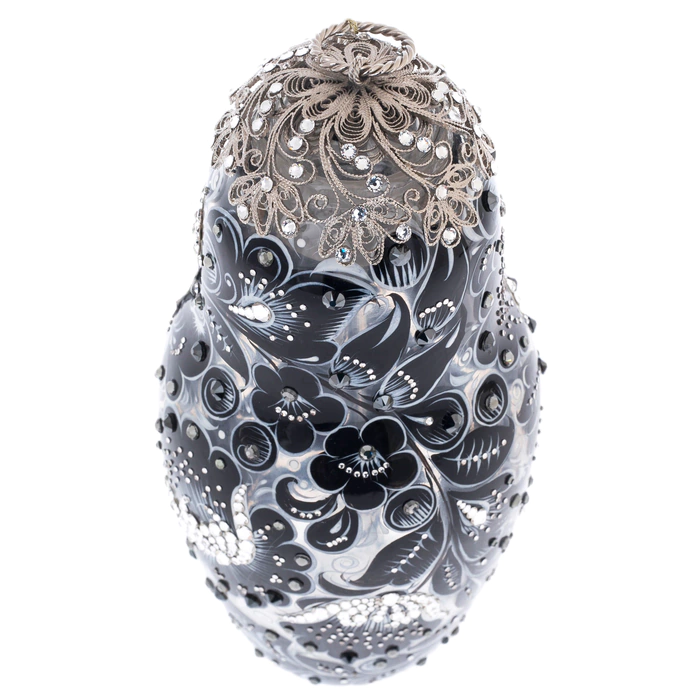 Nesting doll made of glass "Black amber" with Swarovski crystals, Khokhloma