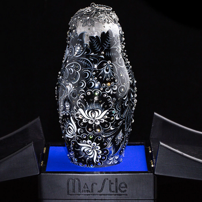 Nesting doll made of glass "Black amber" with Swarovski crystals, Khokhloma