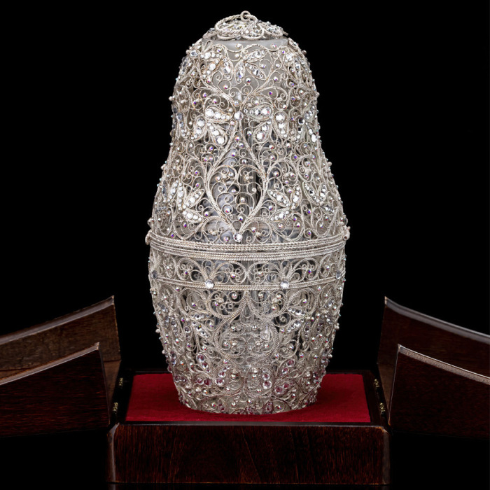 Matryoshka honey doll made of glass "Snow Maiden" with Swarovski crystals