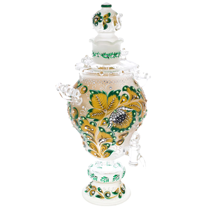 Golden Emerald glass honeydew samovar with Swarovski crystals, Khokhloma