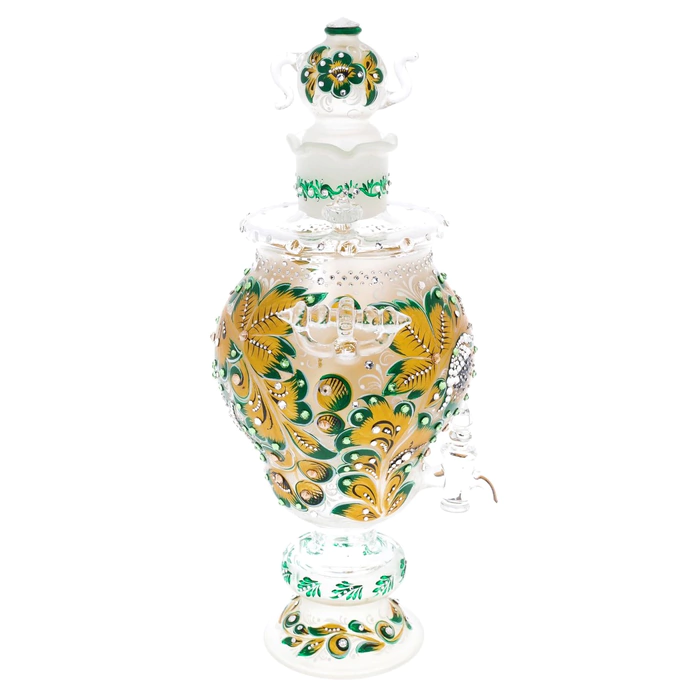 Golden Emerald glass honeydew samovar with Swarovski crystals, Khokhloma