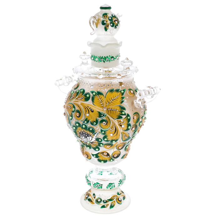 Golden Emerald glass honeydew samovar with Swarovski crystals, Khokhloma