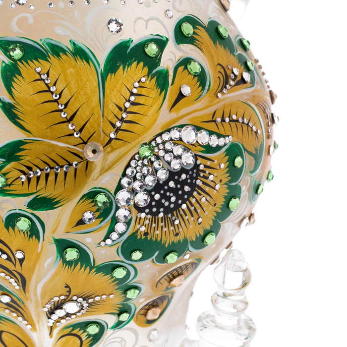 Golden Emerald glass honeydew samovar with Swarovski crystals, Khokhloma