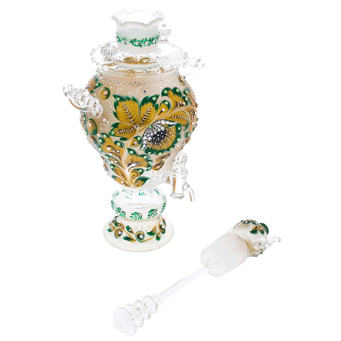 Golden Emerald glass honeydew samovar with Swarovski crystals, Khokhloma