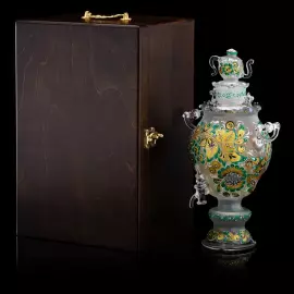 Самовар-медовница из стекла "Золотой изумруд" со стразами Swarovski, Хохлома
