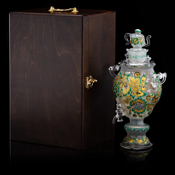 Golden Emerald glass honeydew samovar with Swarovski crystals, Khokhloma