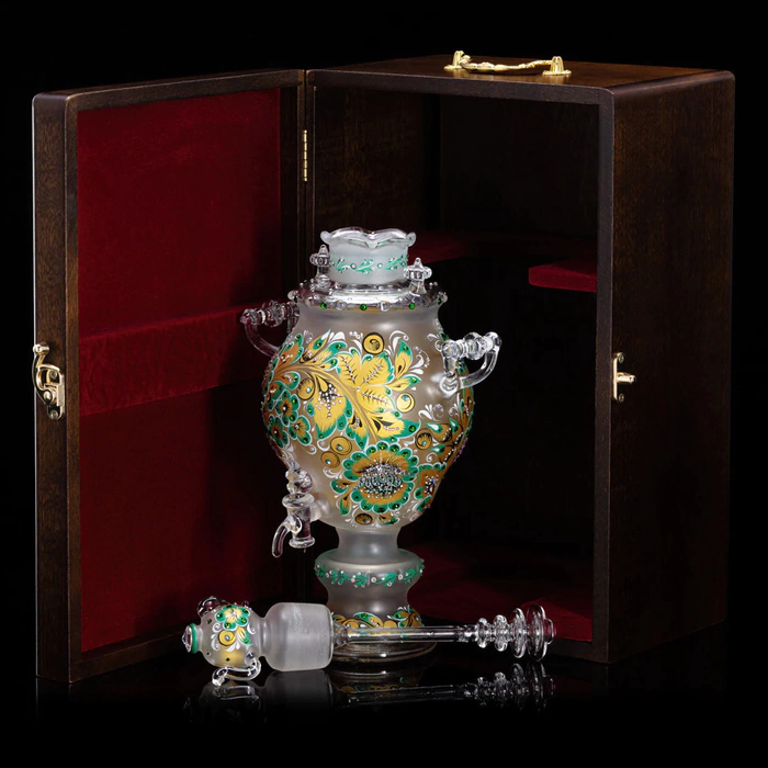 Golden Emerald glass honeydew samovar with Swarovski crystals, Khokhloma