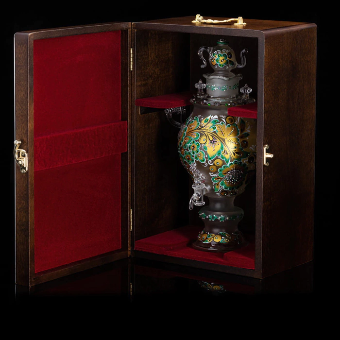 Golden Emerald glass honeydew samovar with Swarovski crystals, Khokhloma