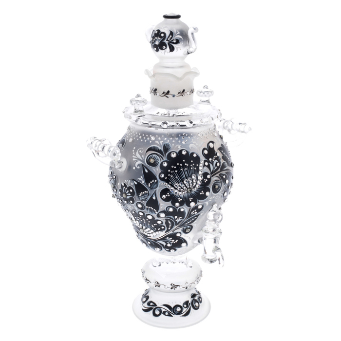 Самовар-медовница из стекла "Черный янтарь" со стразами Swarovski, Хохлома