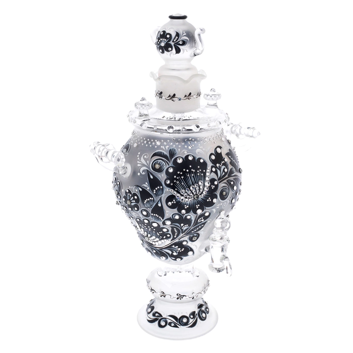 Samovar-honey pan made of glass "Black amber" with Swarovski crystals, Khokhloma