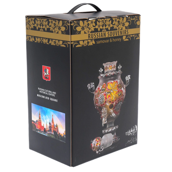 Samovar-honey pan made of glass "Black amber" with Swarovski crystals, Khokhloma