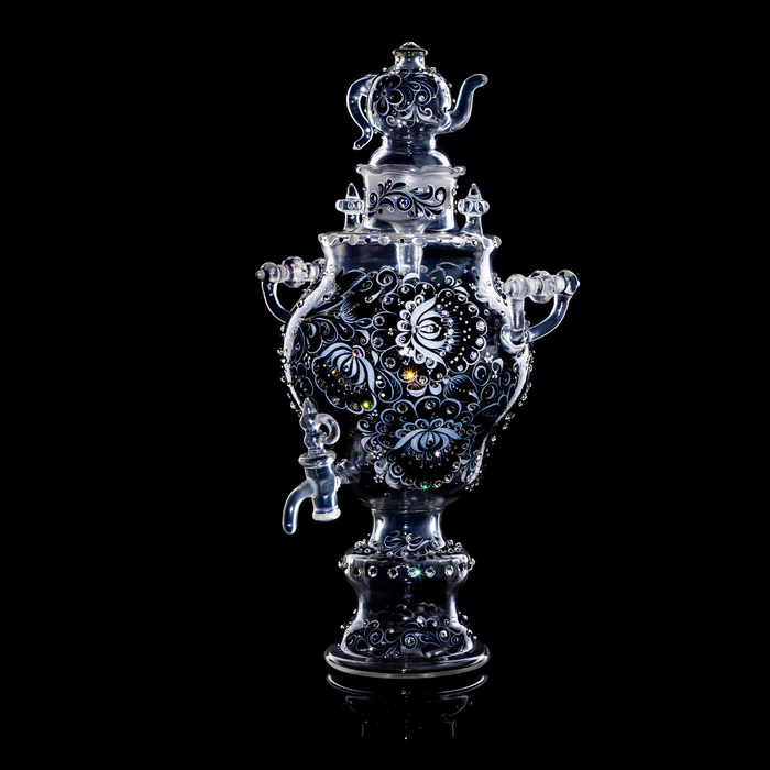 Samovar-honey pan made of glass "Black amber" with Swarovski crystals, Khokhloma