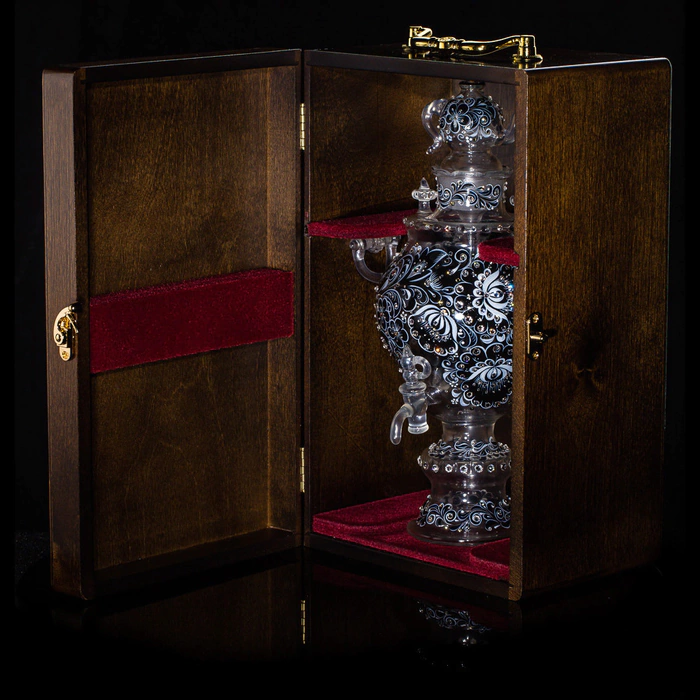 Samovar-honey pan made of glass "Black amber" with Swarovski crystals, Khokhloma