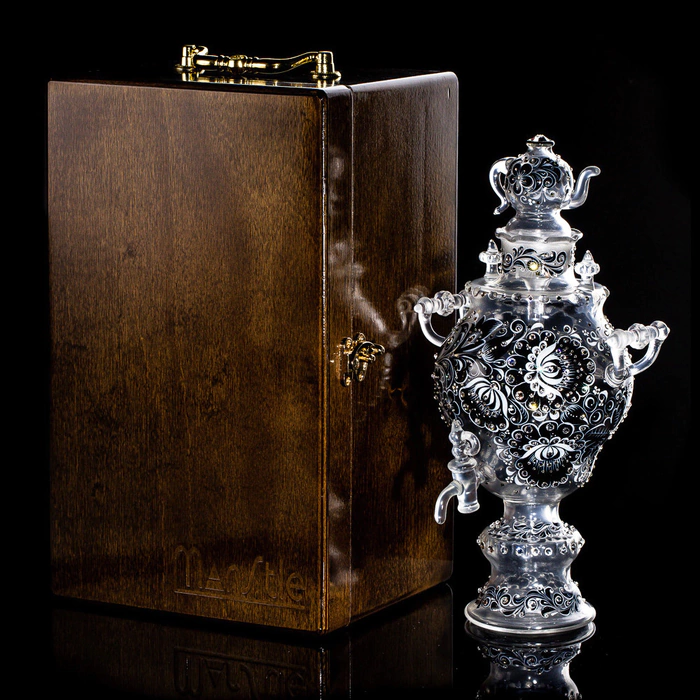 Samovar-honey pan made of glass "Black amber" with Swarovski crystals, Khokhloma