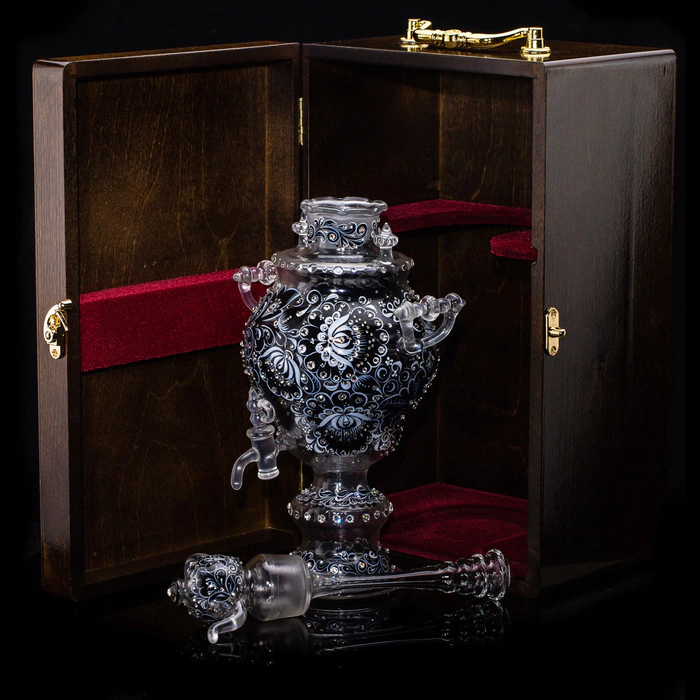Samovar-honey pan made of glass "Black amber" with Swarovski crystals, Khokhloma