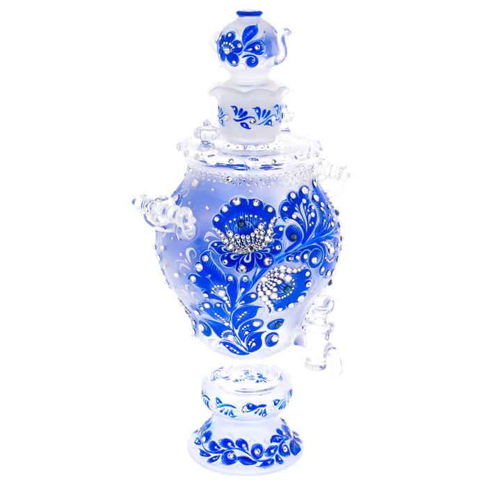 Samovar-honey pan made of Sea Azure glass with Swarovski crystals, Khokhloma